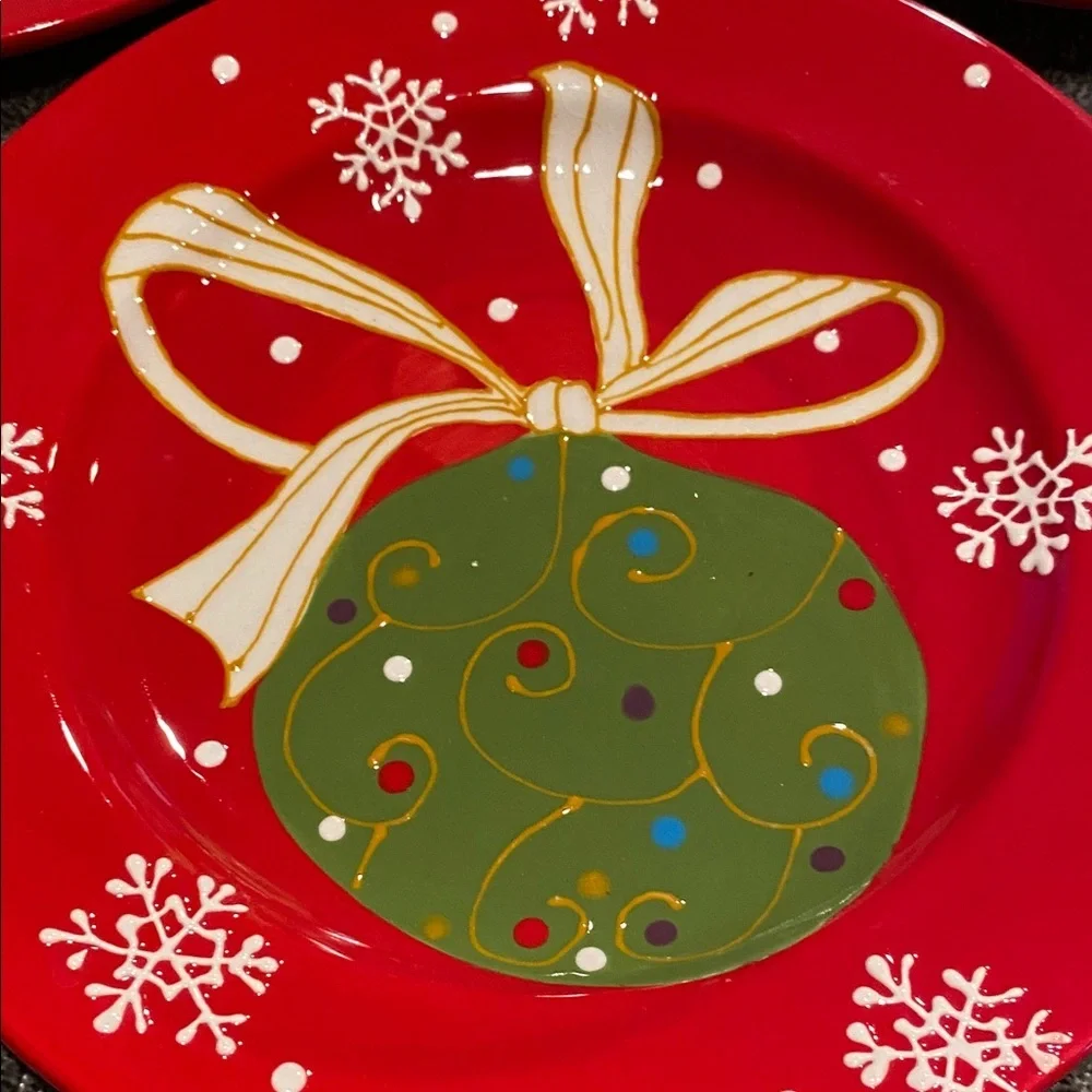 Pier 1 Festive Red and Green Holiday Plates “Decorations”. Ceramic. Set of 3.